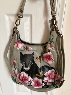 Anuschka Gray Shoulder Bag with Black Panther and Pink Floral Art